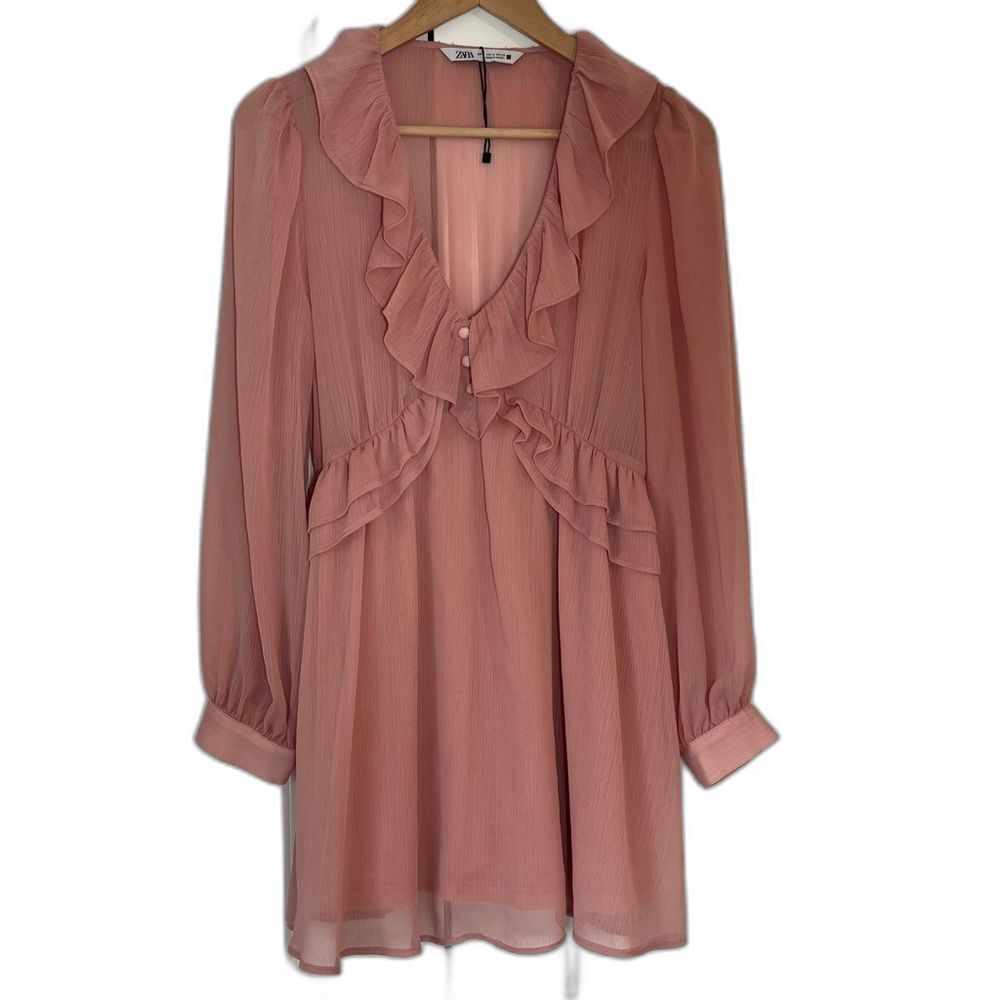 NWT Zara Dusty Rose Pink Ruffled Long Sleeve Mini Dress - Size M